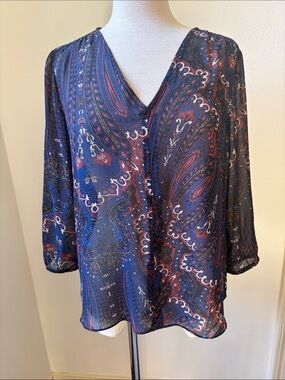 Paraphrase Navy & Burgundy Paisley V-Neck Sheer Blouse